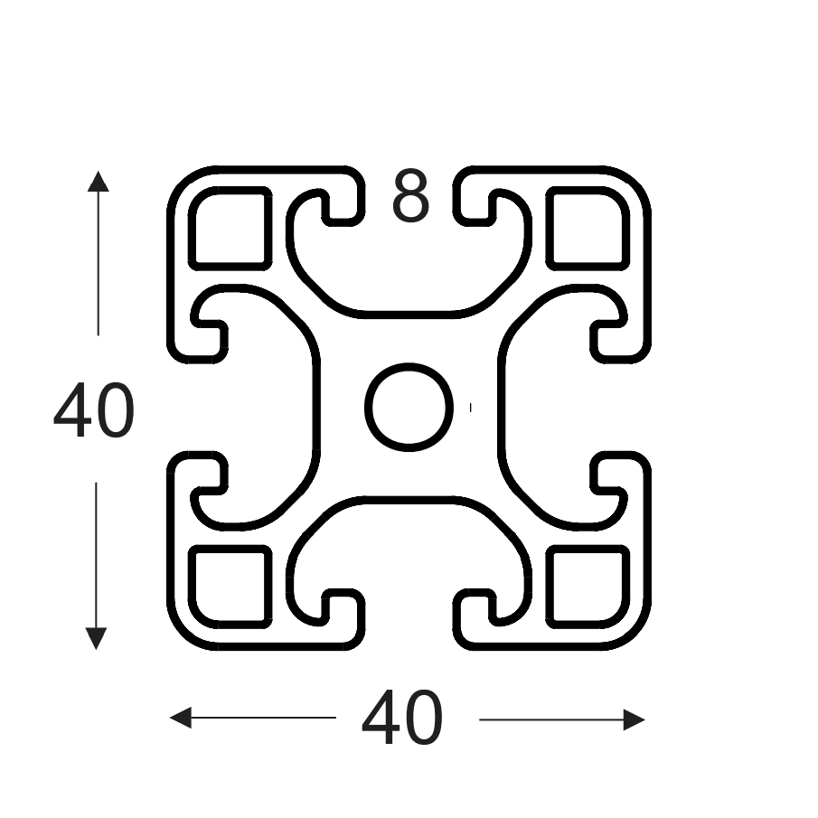 Maschinenbauprofil mit der Abmessung 40x40 Millimeter in leichter Form und naturfarben.