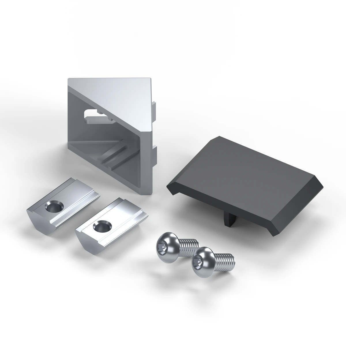 Winkelsatz MIDI 30 × 30 mm, Nut 8: Winkel, Abdeckkappe, zwei M6×12-Schrauben und zwei Nutensteine M6 (3D-Rendering des Lieferumfangs) – Ansicht isometrisch