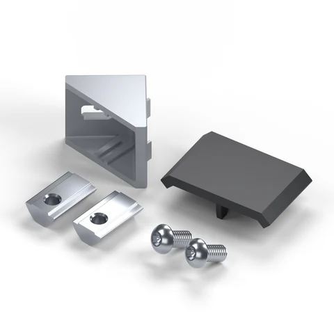 Winkelsatz MIDI 30 × 30 mm, Nut 8: Winkel, Abdeckkappe, zwei M6×12-Schrauben und zwei Nutensteine M6 (3D-Rendering des Lieferumfangs) – Ansicht isometrisch