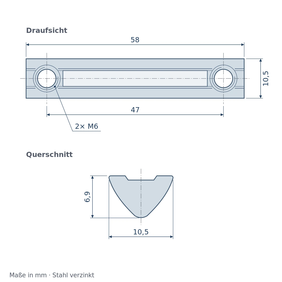 Doppelnutenstein einschwenkbar Nut 6, 2×M6, 58 mm – Maßzeichnung